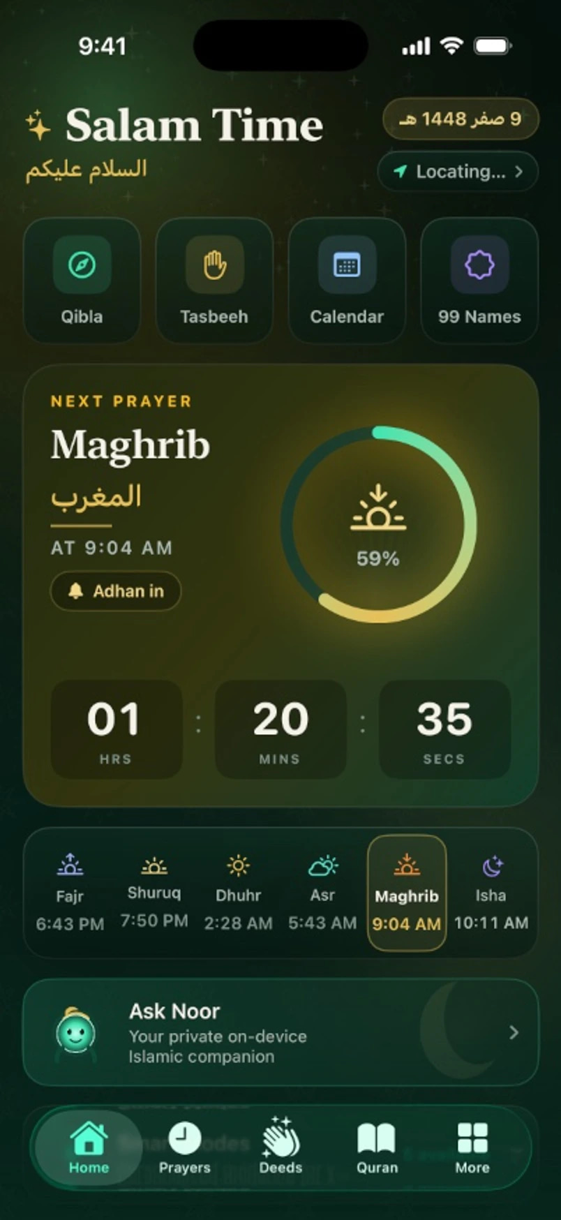 Salam Time home screen showing prayer times, next-prayer countdown, worship tools, and Noor
